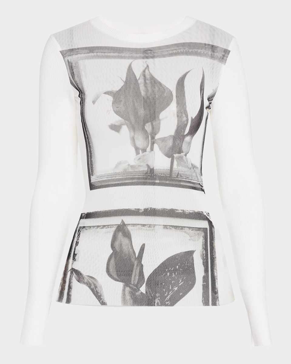 Mixed-Media Printed Mesh Long-Sleeve Top